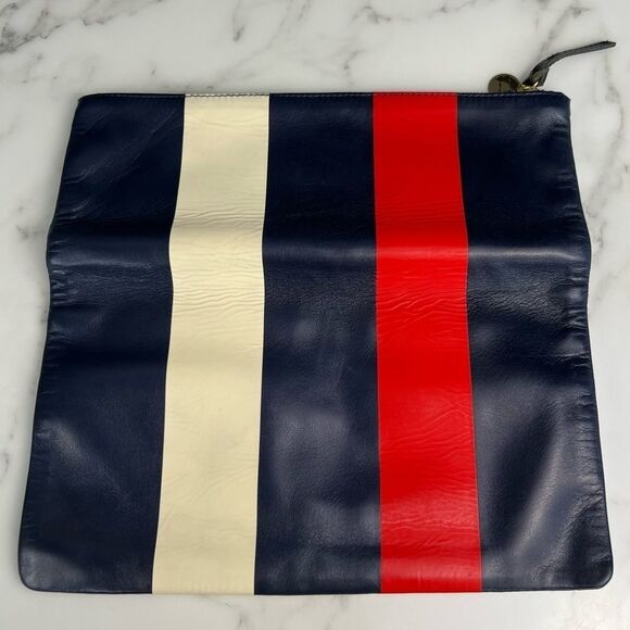 CLARE V. Super Flat Clutch Navy Red Cream Striped Leather Foldover Bag - Picture 7 of 9